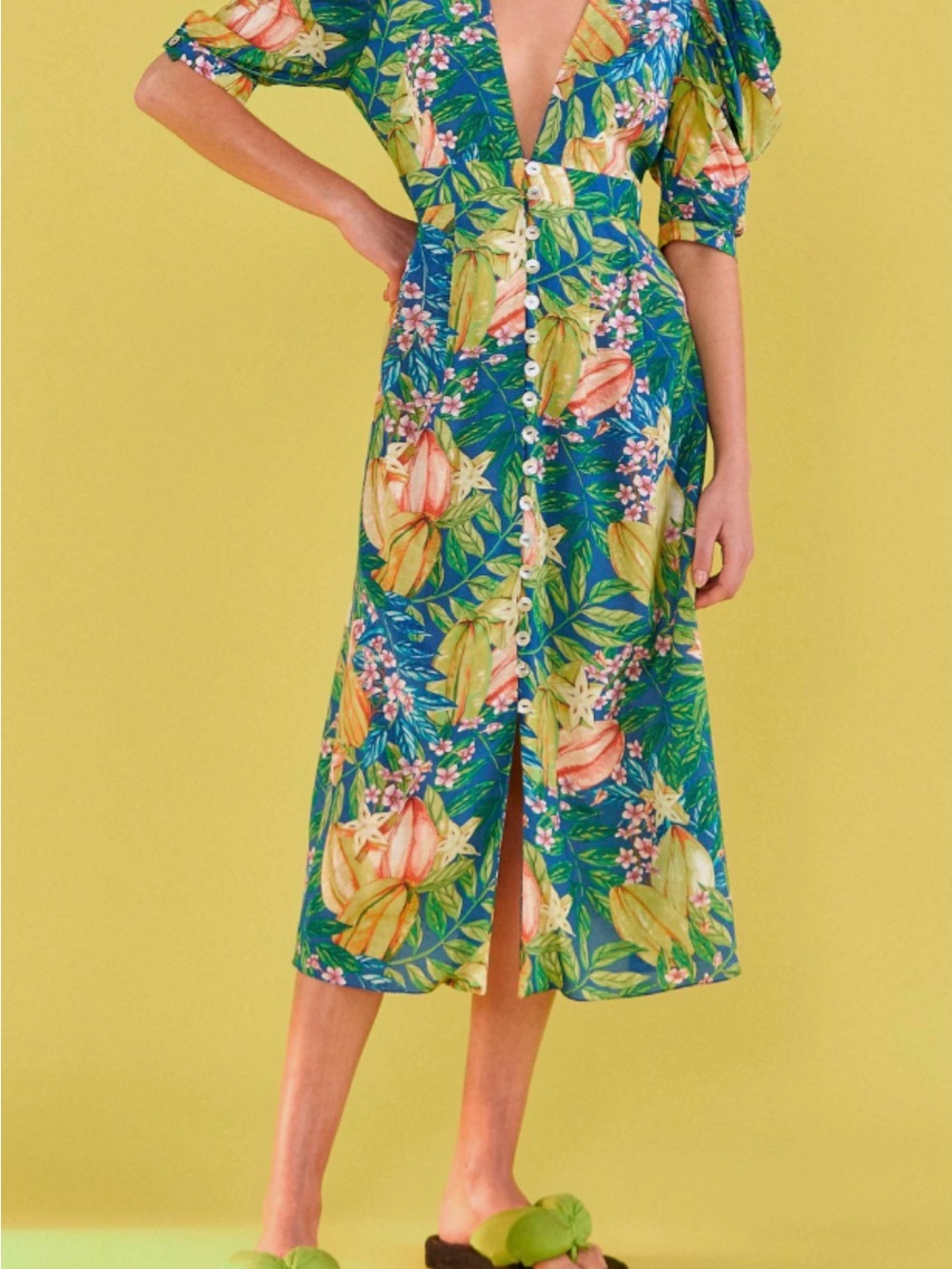 FARM Rio Blue Tropical Floral Maxi Dress with Green and Yellow Accents